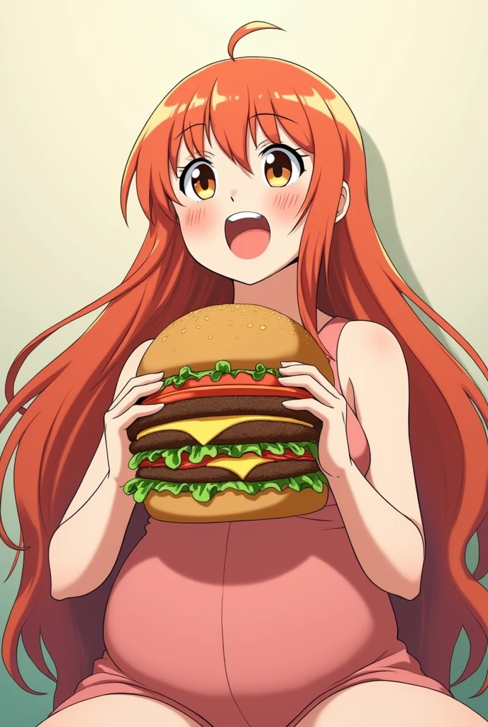 An anime girl who weighs 1000 kilograms, sitting eating a big hamburger.