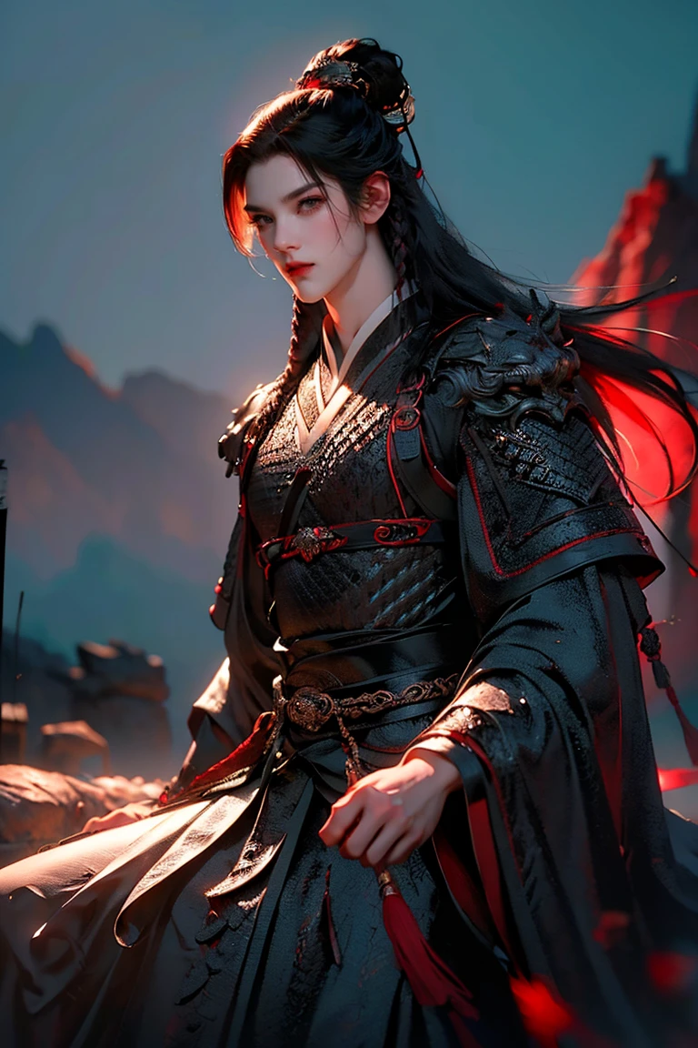 a man with long braided black hair trançado, black eyes, thoughtful pose, traditional Chinese clothing, (best quality,4k,8k,highres,masterpiece:1.2),ultra-detailed,(realistic,photorealistic,photo-realistic:1.37),intricate details, dramatic lighting, cinematic composition, rich color palette, moody atmosphere

