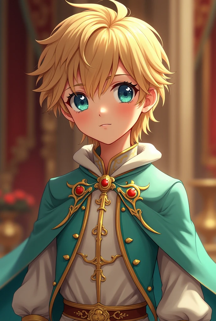 Young prince (2), heir, blond hair, blue eyes, innocent, mint and golden royal apparel, more like anime style