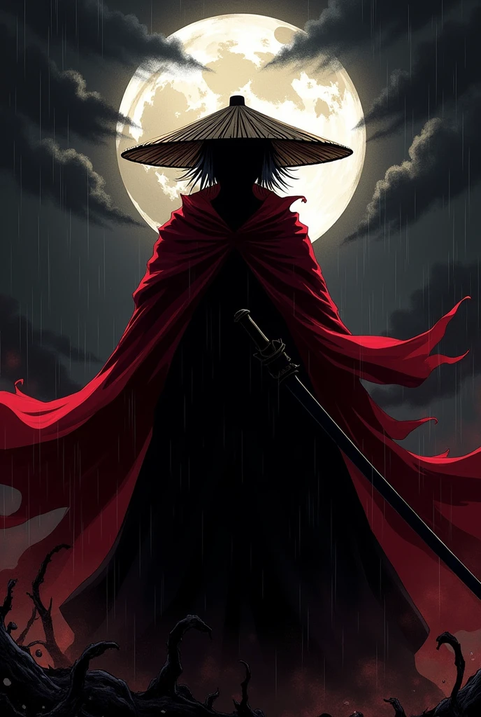 Demon Slayer riichi Tsugikuni。silhouette,There is a black moon in the background。。、Show me the sword、He is wearing a straw hat,The body color is red.、The moon is in the center of the body、No Face。rain,thunder⚡,