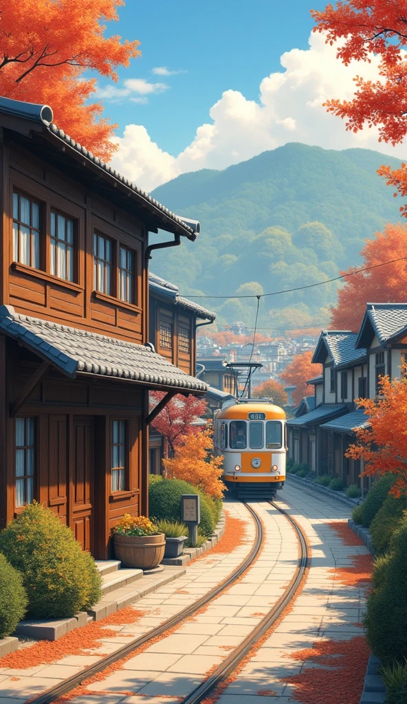 (Best Quality,4k,8k,High resolution,masterpiece:1.2),ultra detailed,sharp focus,(realist,photorealist,photo-realist:1.37), 35mm lens,multiple angles,Scene of empty town,Anime style,countryside,tram,japan vilage,Autumn season,wooden house,(Fine, fluffy fur),(35mm cinema lens),(multi-angle shooting),(Many viewing angles)