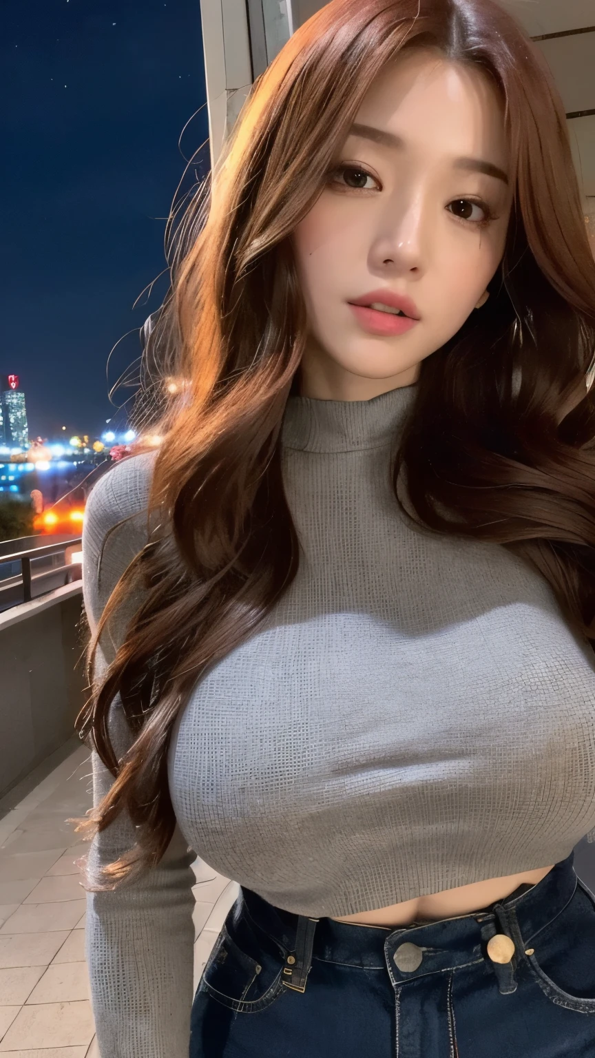 (Best Quality, 8k, 32k, Masterpiece, UHD:1.3), (Photo of Attractive Japanese Woman), 1 Girl, (super huge Boobs:1.2), (red hair, long wavy hair), Perfect Body, Ultra Detailed Face, Detailed Lips, Fine Eyes, double eyelids, sweater, stocking, (seductive), ((saddly:1.5)), midnight city, walking on the city nigh sky, city of the light