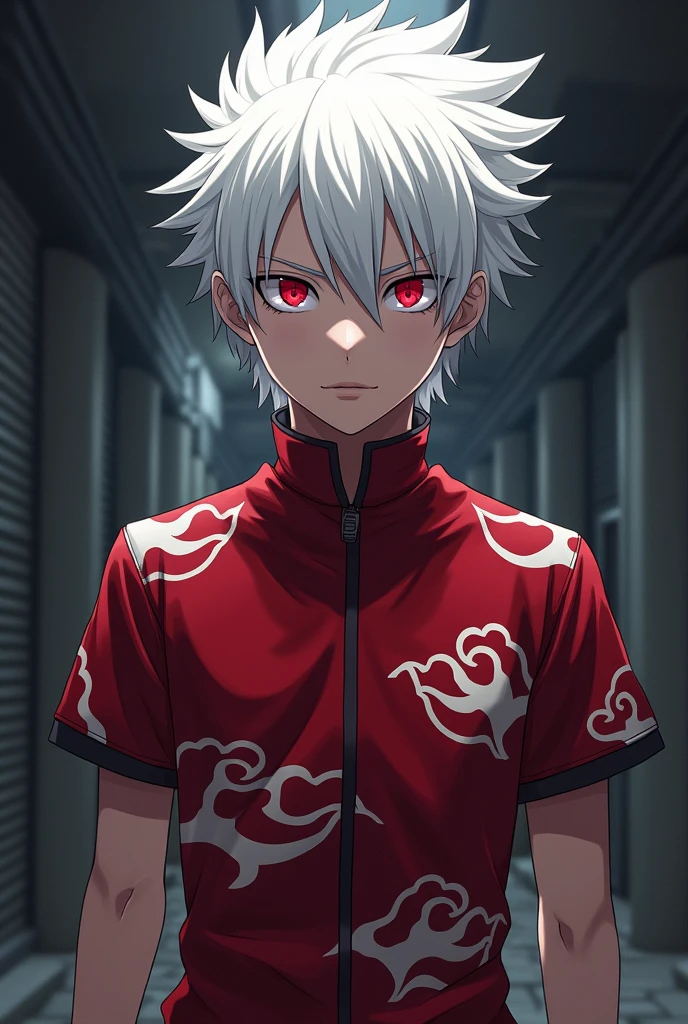 Create an anime character with white hair, Akatsuki shirt, and red eyes