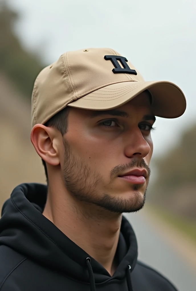 Man wearing a cap with the RECOLLI brand in the five panel model. Cool letter font and 2 L. Another letter font and beige color of the cap. Cap in the five panel model.

