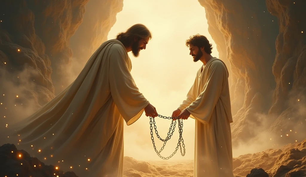 Christ breaking chains of fear and doubt, freeing a person to their true potential, a clear light emanates from Jesus Christ who is wearing a beige cloak, and small lights fly over the entire scene, a beautiful image that will impress