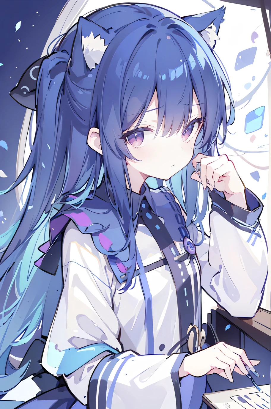 (Upper body close-up)，Ultra-detailed，lifelike，The eyes are expressive，Fair skin，Perfect face shape，1 girl，Japanese Manga，Gorgeous blue hair，Flowing blue hair，Flowing clothes，Cat ears，Petals falling，Shy face，sitting on window，Place your hand on your lips,masterpiece, absurdres, novel cover, cover illustration, 1girl, solo, dark blue-haired ponytail, mage robes, flower background, clock background, monochrome, line drawing
