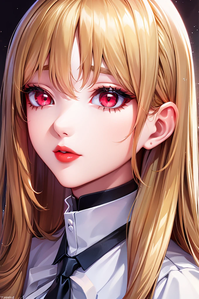(Best quality at best,8K,A high resolution,tmasterpiece:1.2),Digital artwork, one girl,detailed face,detailed eyes,blonde hair,long straight hair,glowing red eyes,red lip,Suspenders