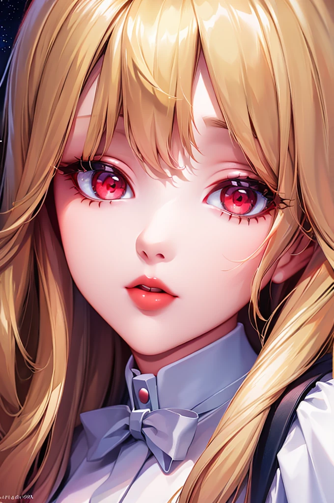 (Best quality at best,8K,A high resolution,tmasterpiece:1.2),Digital artwork, one girl,detailed face,detailed eyes,blonde hair,long straight hair,glowing red eyes,red lip,Suspenders