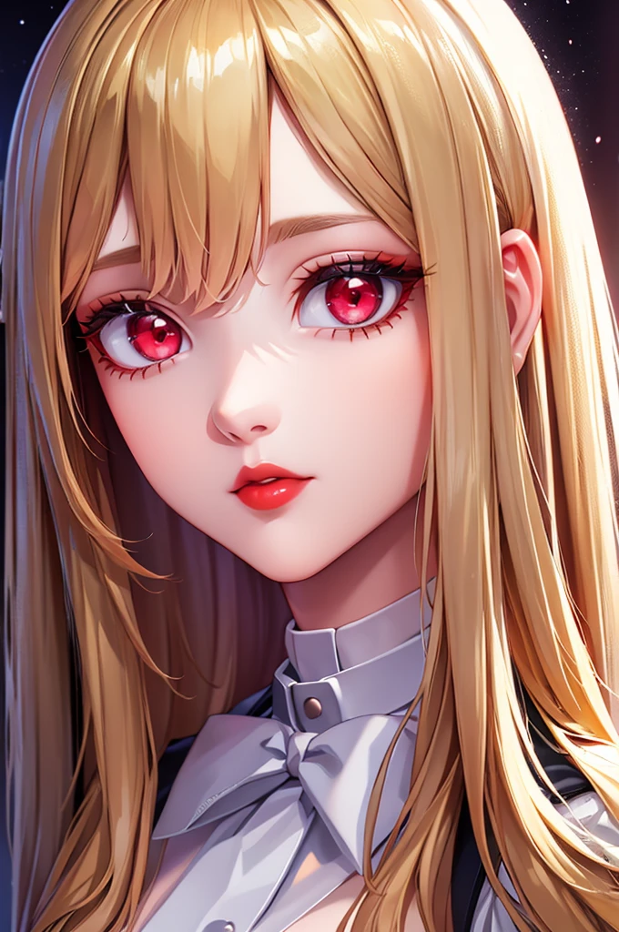 (Best quality at best,8K,A high resolution,tmasterpiece:1.2),Digital artwork, one girl,detailed face,detailed eyes,blonde hair,long straight hair,glowing red eyes,red lip,Suspenders