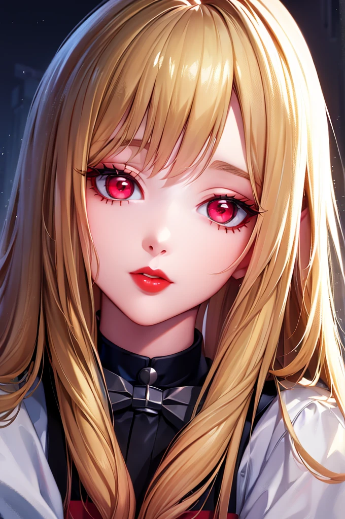 (Best quality at best,8K,A high resolution,tmasterpiece:1.2),Digital artwork, one girl,detailed face,detailed eyes,blonde hair,long straight hair,glowing red eyes,red lip,Suspenders