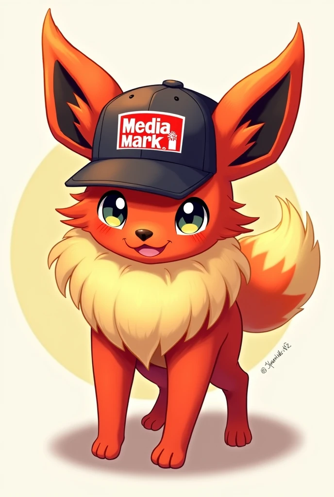 The Pokemon flamara in red with a baseball cap on. The baseball cap says "Media Markt"