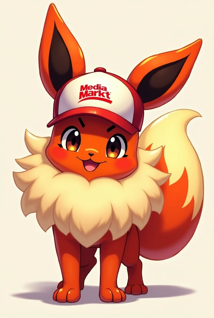 The Pokemon flamara in red with a baseball cap on. The baseball cap says "Media Markt"