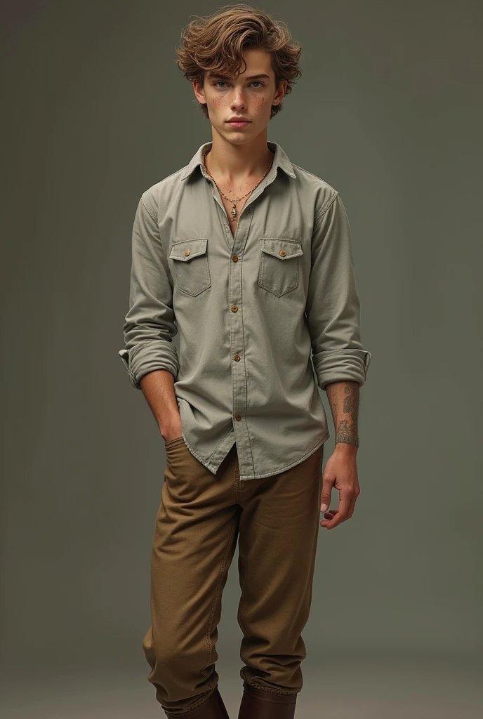Tall boy 1.80m, thin, light brown hair and curly but short, blue eyes tending towards green, freckles on the cheekbones. Wear brown linen trousers, brown knee-high boots and a silver linen shirt.