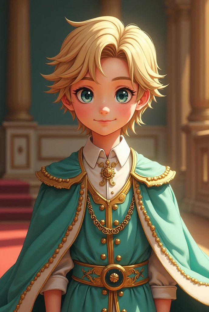 Young prince (2), heir, blond hair, blue eyes, innocent, mint and golden royal apparel, more like anime style