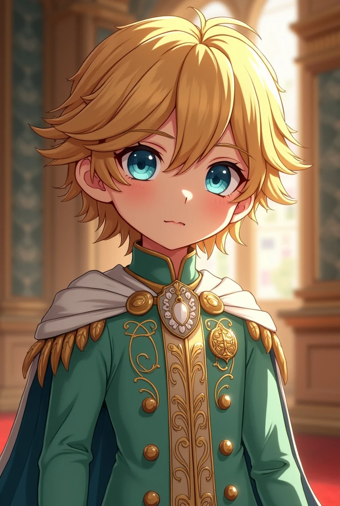 Young prince (2), heir, blond hair, blue eyes, innocent, mint and golden royal apparel, more like anime style