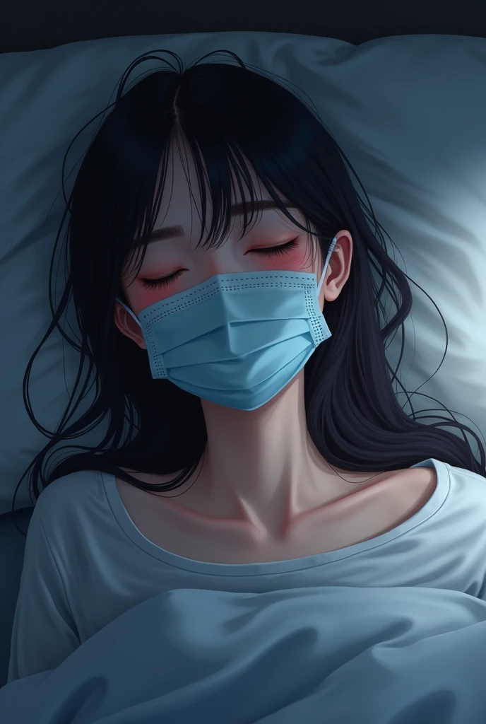 masterpiece, best quality, highres, girl wearing surgical mask to sleep, eyes close