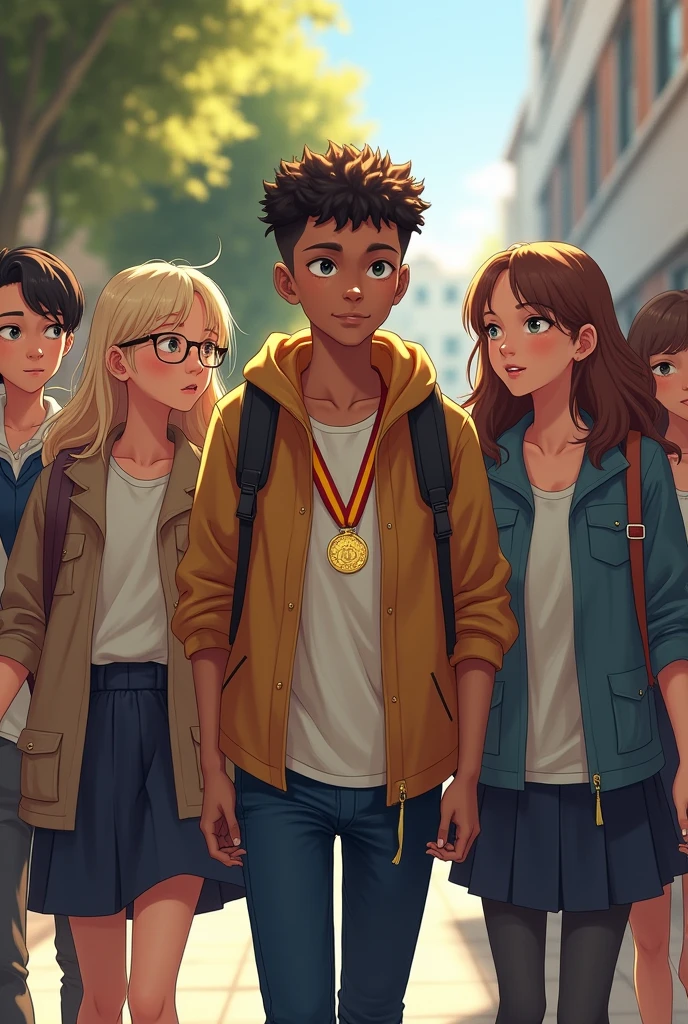 J'ai besoin d'une couverture pour un livre, Un collier médaillons en or, 5 personne (3 fille,2 garçon ) un lycée, la porteuse du médaillon a les cheveux bouclé et détaché