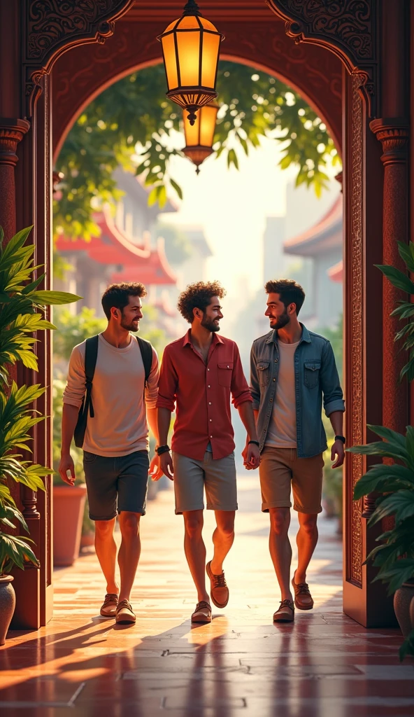 Three male friends in Thailand hotels checking and rest