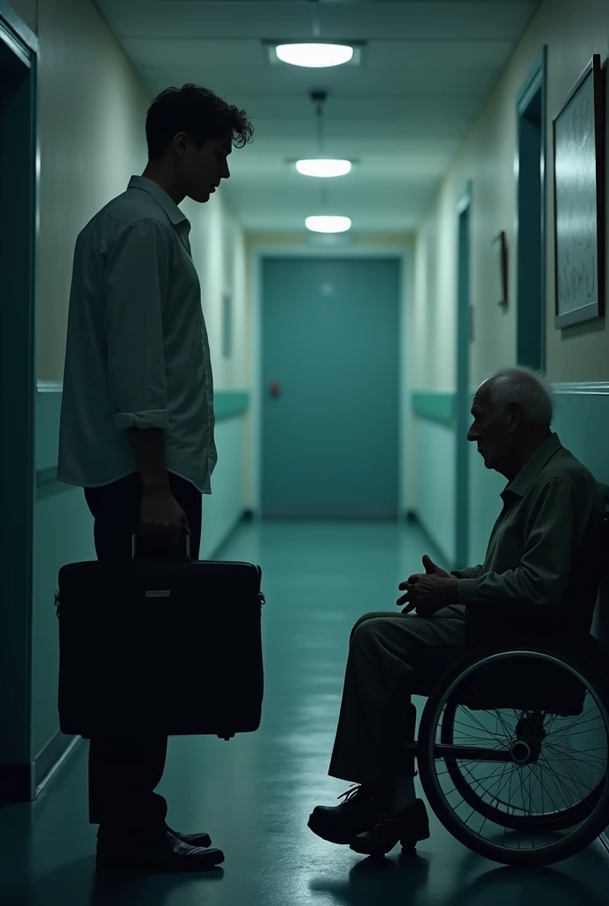 A melancholic scene in a dimly lit nursing home hallway. A young rich man, shown from the back or in profile, is holding a suitcase in one hand, hesitating as he prepares to leave. In the background, a frail elderly man sits in a wheelchair or on a bench against the wall, his expression a mix of sadness and understanding. The elderly man has a tear or a glimmer in his eye, emphasizing the emotional weight of the moment. The colors are predominantly cool, with shades of dark blue and gray, accented by a soft, warm light that creates a subtle contrast. Text overlay: 'The price of choice...' or 'A decision that changes everything...' in impactful, slightly shadowed letters."