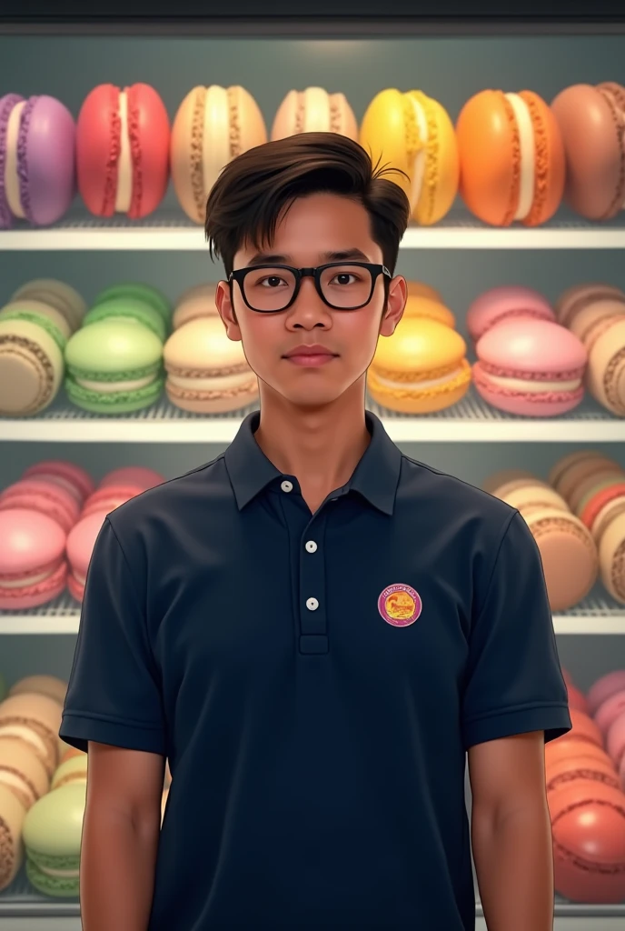 A whole body of a 5'8 filipino young man wearing a eye glass and dark blue  collar shirt with a logo of macarons in the upper left of the shirt standing in front of the chiller filled with assorted flavors of French macarons 