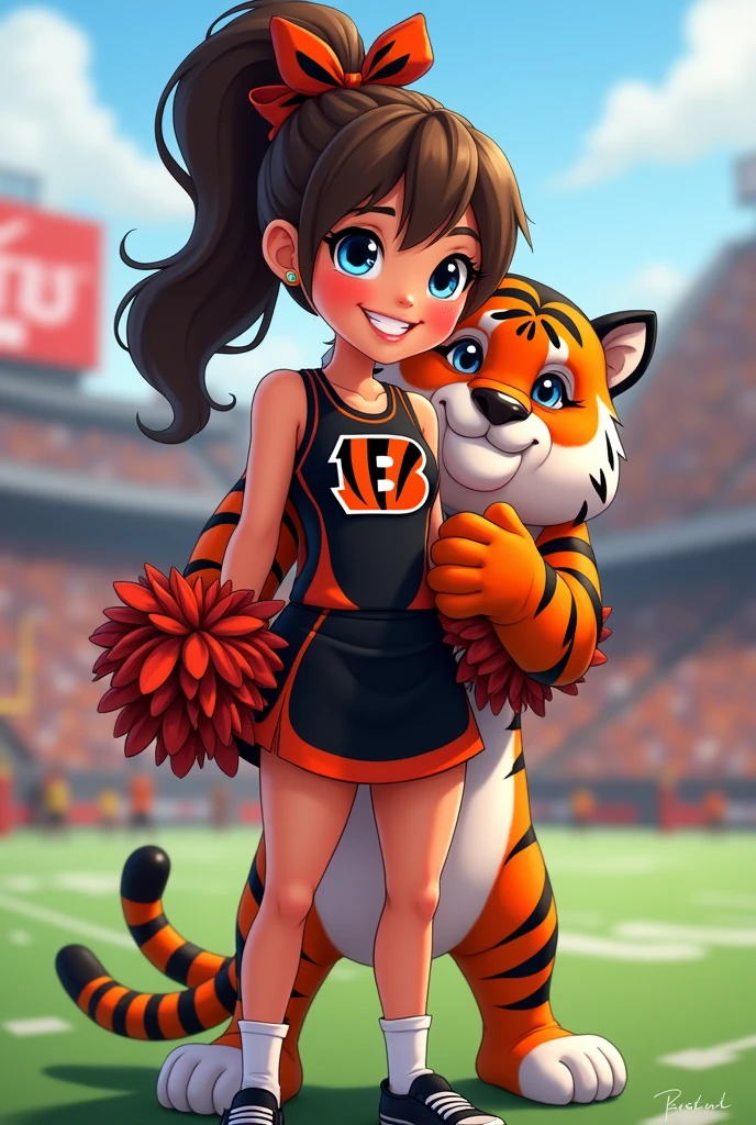 Bengals cheerleader tween
Chunky body
Brown hair, medium length in ponytail, bangs,
blue eyes
football field
Black & orange one piece outfit with Bengals logo black shoes
No socks
hair bow
With tiger hugging
Smiling
Pompom