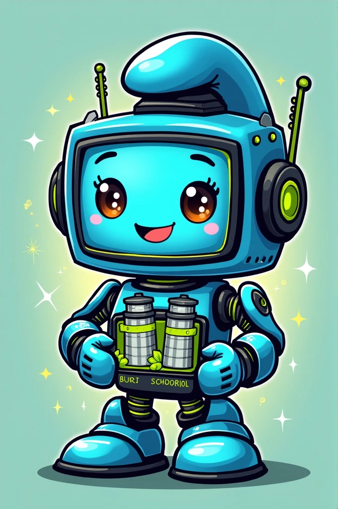 Create a cute and trendy mascot image for a school scavenger hunt, incorporating elements of technology and education. The mascot should be a friendly robot with a light blue body and a screen for a face., showing a friendly smile and big eyes. Add technological details in green and black, as circuits and elements of educational tools, like books or tablets. The mascot must be holding a school crest that includes two metal silos and use the colors green, black and blue. For a thematic touch, include elements inspired by the Smurfs, like a blue hat or character-like details. The fund must have technological elements, as circuits or graphs.