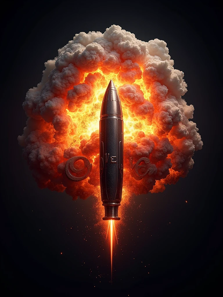 Logo with a hyperrealistic image of an explosion and a superimposed luxury nuclear warhead with electric and vibrant colors, In the middle the logo says "Ogive" in an elegant letter but with allusion to the metal musical genre