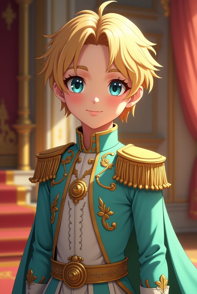 Young prince (2), heir, blond hair, blue eyes, innocent, mint and golden royal apparel, more like anime style