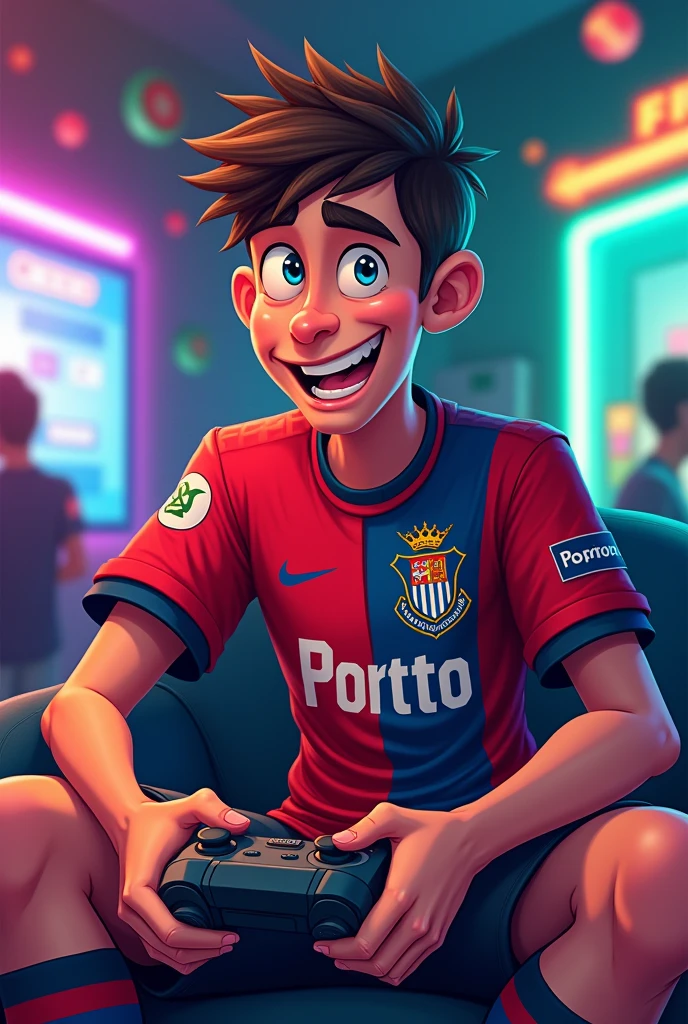 A gamer wearing an FC Porto shirt in a cartoon