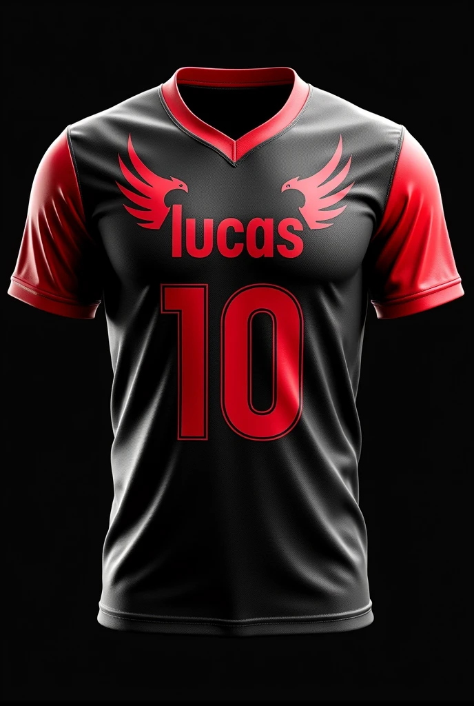 Make an image of an interlayer shirt with a black background and red details, with the phoenix mascot and phoenix wing on the shirt, the shirt on the front with the name “Lucas”, and the number “10”