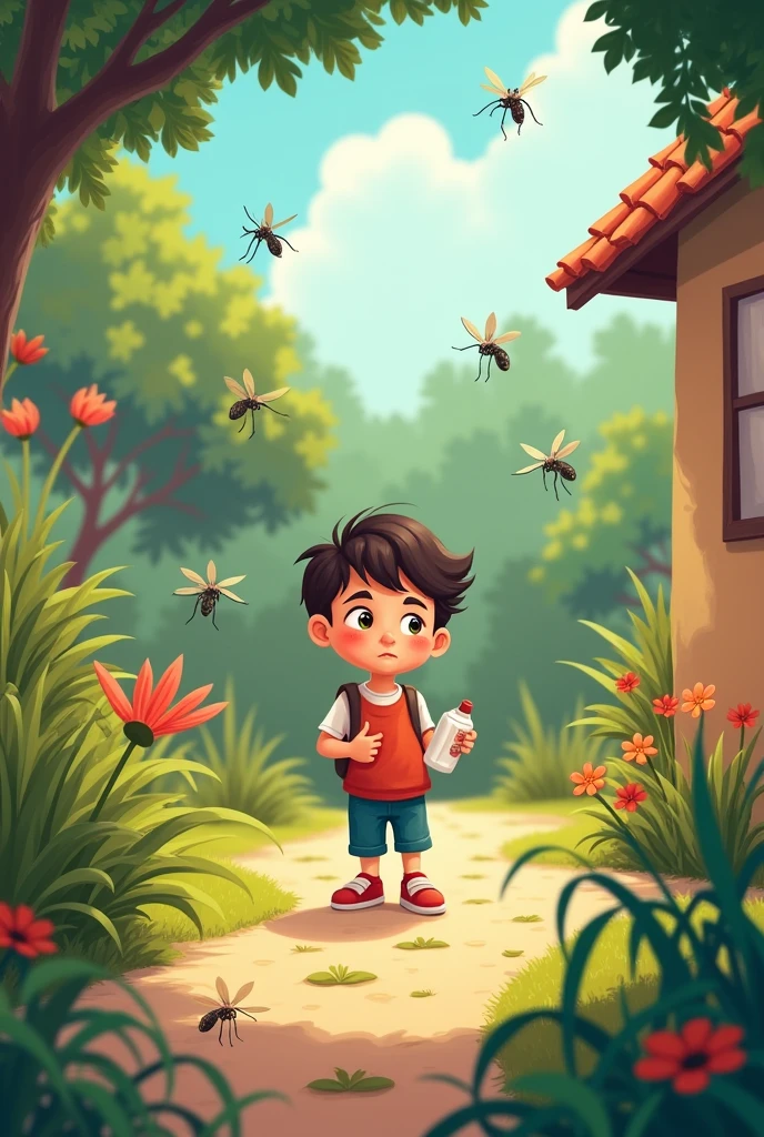 create an image as if it were the fourth stage of a game with the theme: "backyard: where is the mosquito?" and the main character is a  child with an insect repellent in his hand and his objective is to find 5 mosquitoes that transmit dengue fever in the figure
