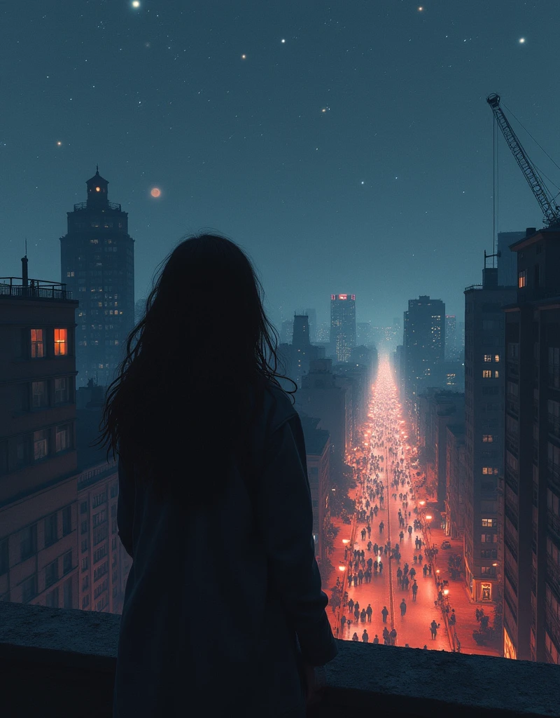 A person overlooking a street with people on it from the top of a building. No faces. Starry, smoky, and powdered (all minimal) theme with a little touch of red.