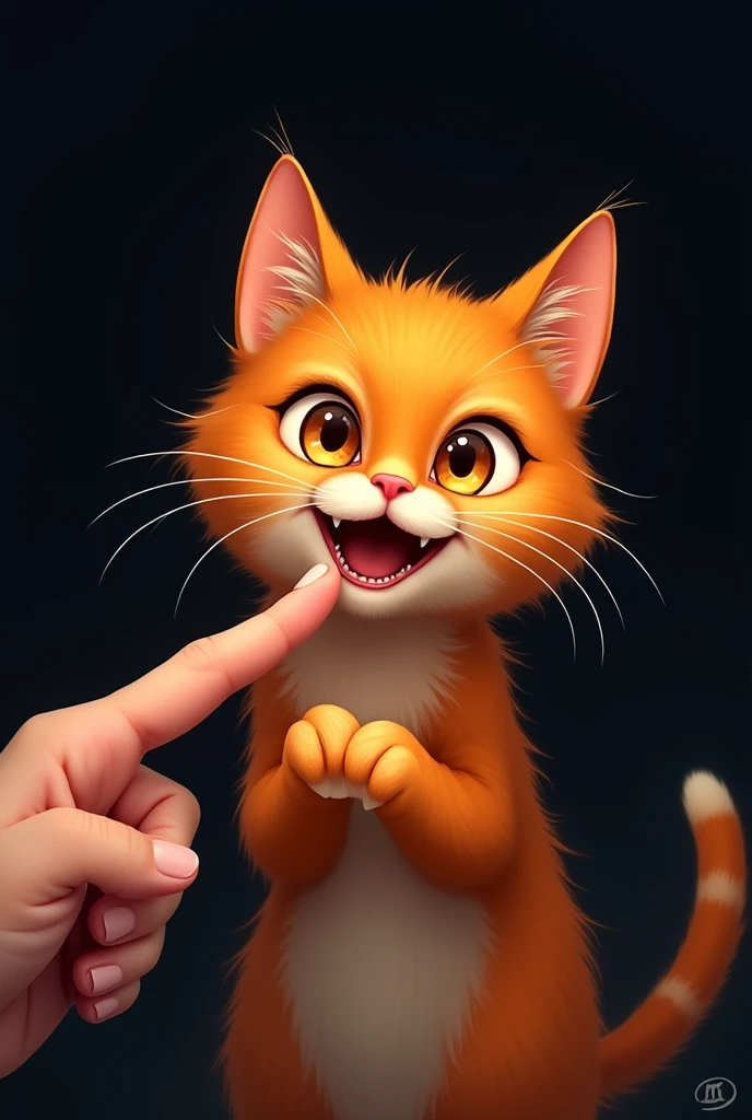 Orange cat  love finger in black background