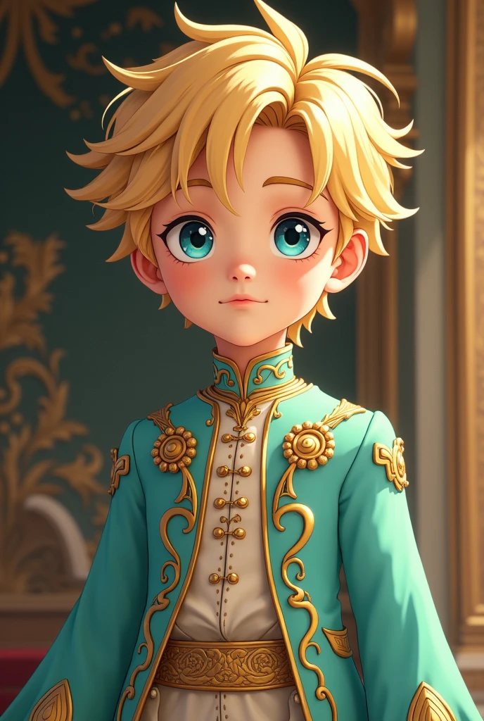 Young prince (2), heir, blond hair, blue eyes, innocent, mint and golden royal apparel, more like anime style