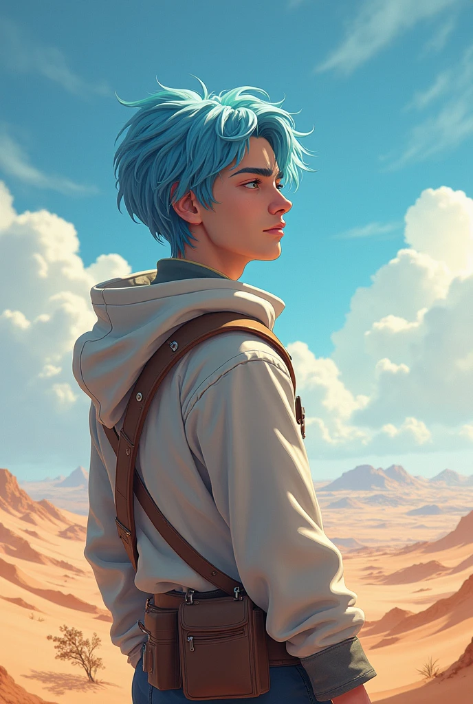 Beautifully drawn, high quality, highly detailed computer illustration of a young man with a serene expression, looks into the distance, his striking light blue hair flutters softly in the desert wind. The landscape behind him is vast and breathtaking.., engaging viewers in a world of wonder and exploration.