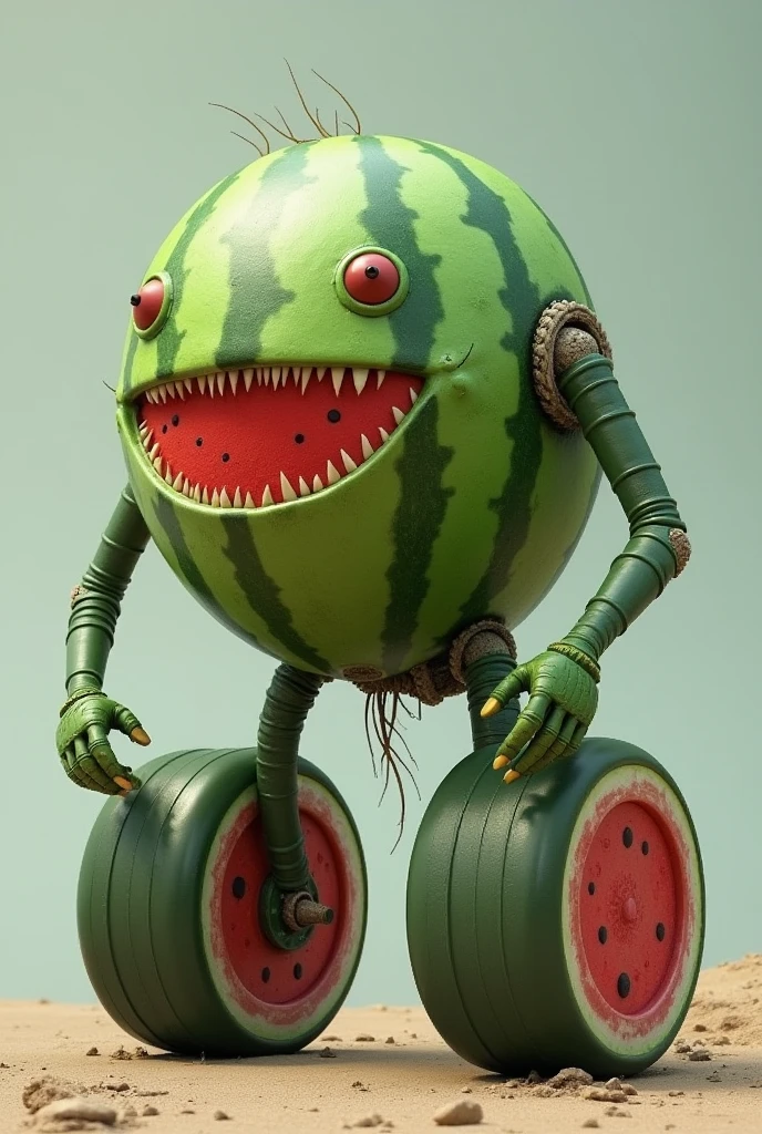 A non-existent being that has a watermelon body, legs made of wheels, and the head is the body of the watermelon, that the head is the body of the watermelon, and the arms are made of large seeds 