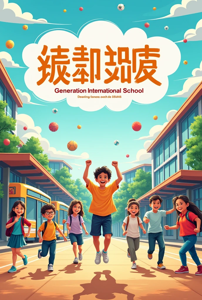 Poster Making
Create a promotional poster for New Generation International School. Apply the principles and guidelines in taking photographs and choosing fonts and colors for your poster. cartoon art style, English language or text. make it more like have sports have bus and everything that students activity