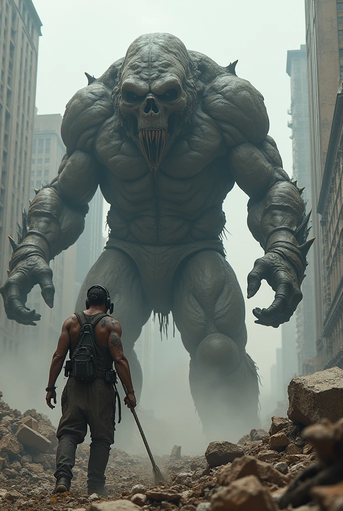 “A rugged man in protective gear, cleaning up giant monster remains in a ruined city. The scene should be gritty and dramatic.”