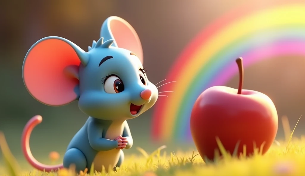 A charming 3D animated scene featuring a small light blue mouse holding or admiring a red apple, highlighting the red section of the rainbow. The mouse has a determined and excited expression, looks at the apple with interest, the red color echoing the rainbow’s red band. Pixar-Disney style, DIGITAL ART.