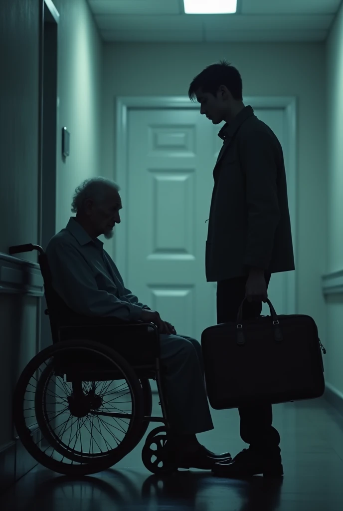 A melancholic scene in a dimly lit nursing home hallway. A young rich man, shown from the back or in profile, is holding a suitcase in one hand, hesitating as he prepares to leave. In the background, a frail elderly man sits in a wheelchair or on a bench against the wall, his expression a mix of sadness and understanding. The elderly man has a tear or a glimmer in his eye, emphasizing the emotional weight of the moment. The colors are predominantly cool, with shades of dark blue and gray, accented by a soft, warm light that creates a subtle contrast. Text overlay: 'The price of choice...' or 'A decision that changes everything...' in impactful, slightly shadowed letters."