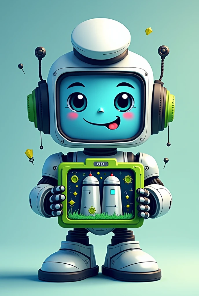 Create a cute and trendy mascot image for a school scavenger hunt, incorporating elements of technology and education. The mascot should be a friendly robot with a light blue body and a screen for a face., showing a friendly smile and big eyes. Add technological details in green and black, as circuits and elements of educational tools, like books or tablets. The mascot must be holding a school crest that includes two metal silos and use the colors green, black and blue. For a thematic touch, include elements inspired by the Smurfs, like a blue hat or character-like details. The fund must have technological elements, as circuits or graphs.