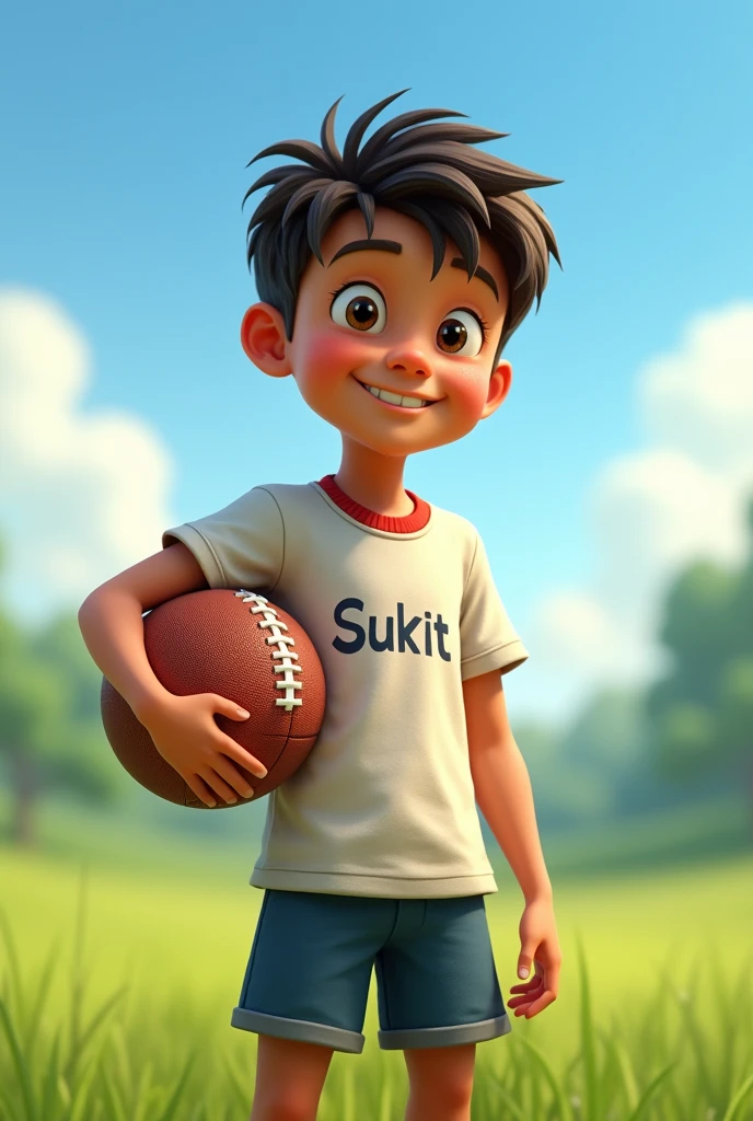 One boy holding a football boy name sukit written on the t shirt