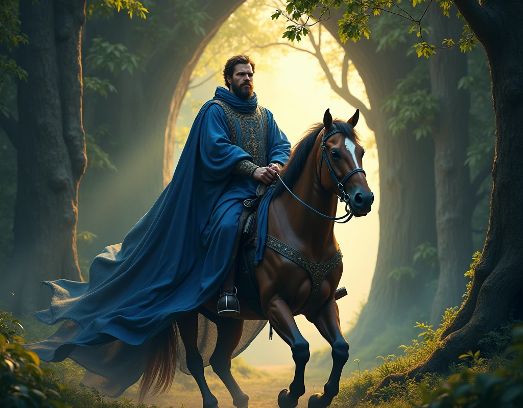 (photorealism:1.2), medieval man with mystic blue clothes, riding a horse almost to the entrance of a mystic forest.