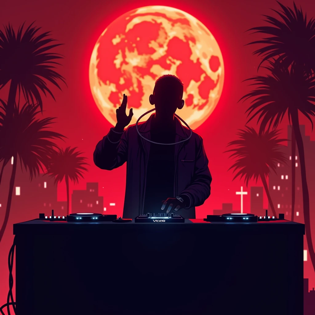 Black shadow of a cartoon style electronic dj, Vice City GTA, very red background with red full moon