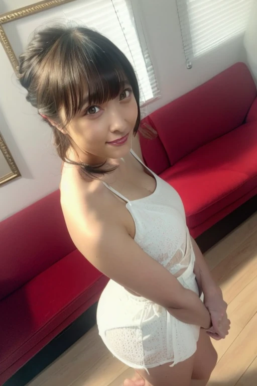 One girl, Beautiful woman wearing white バニーガールスーツ, skinny, Perfect body,  Golden Hair, Standing in a living room with white walls,  Highly detailed face, Beautiful Eyes, Beautiful Lips, double eyelid, A shy smile, Shorn bangs, Sunburned skin, Pubic Hair Tips, (Highest quality, 8k, masterpiece:1.3), front and full body shot, Pussy Line, Positive, Spread your legs wide