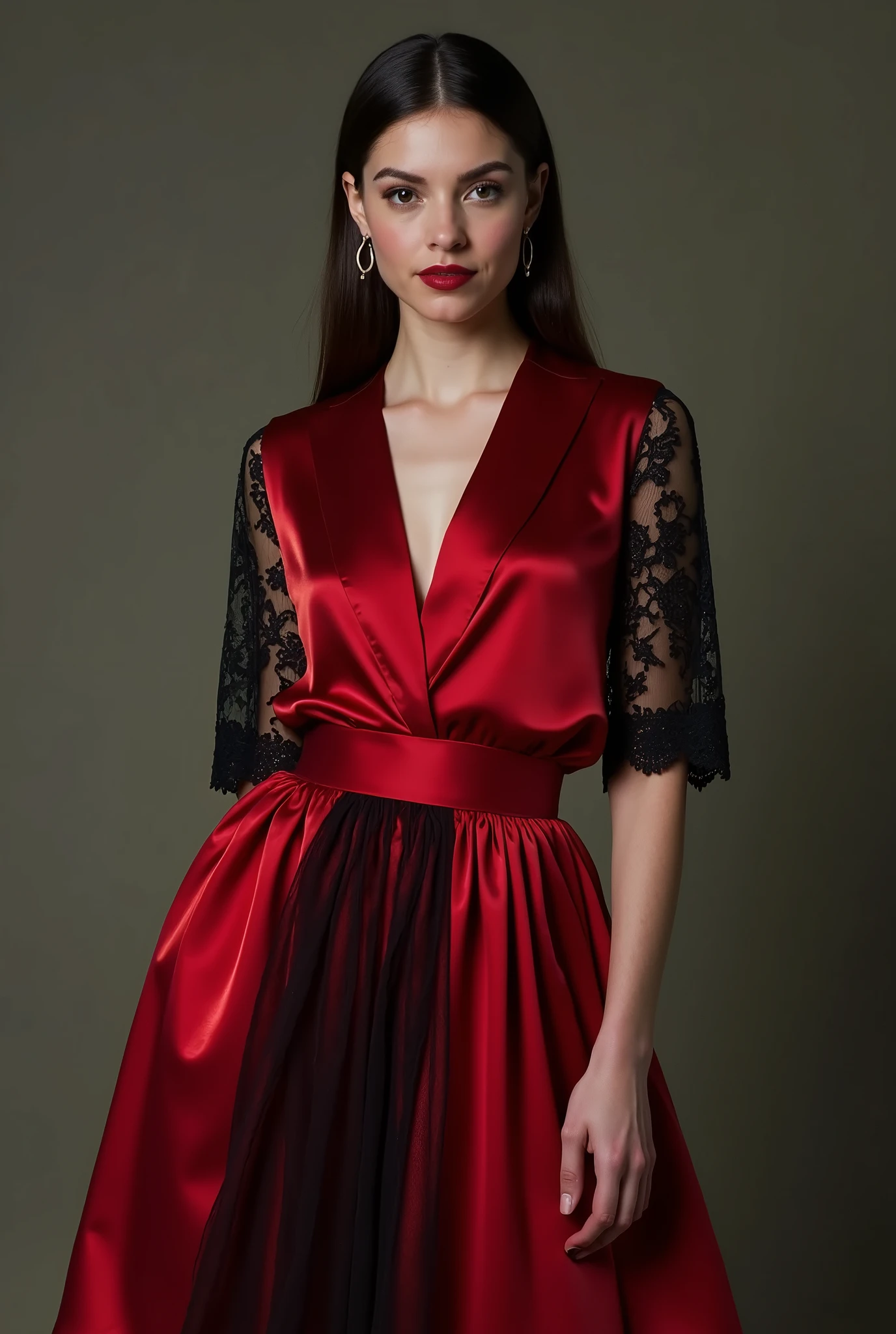Create a casual chic outfit with a touch of Victorian Gothic inspiration using the colors red and black. Create a red satin blouse with a sophisticated design, such as a V-neckline and sleeves with black lace detailing. Pair it with a red satin and shimmery tulle skirt that adds a touch of glamour and fluidity. The ensemble should be elegant and comfortable, ideal for casual occasions and special events. Incorporate subtle elements that evoke the essence of the mysterious, empowered woman.