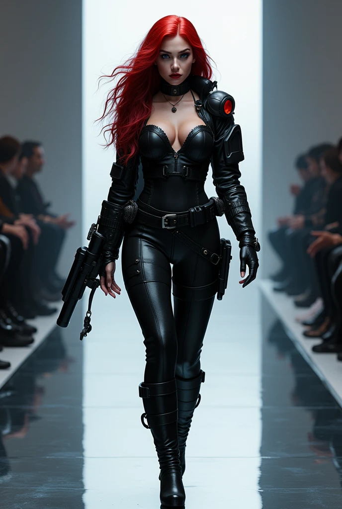 Miss Fortune from League of Legends modeling on a catwalk dressed in black