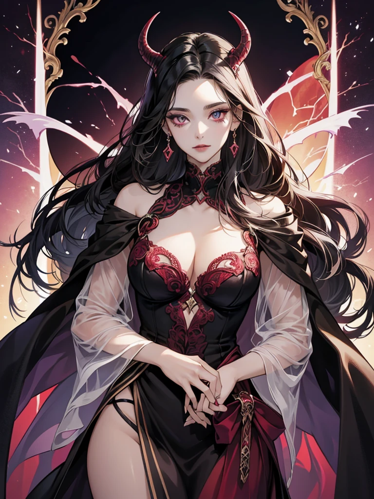 Create an image of Zeraphine, a vampire from the Damonia clan and mother of Jendral, living in the forbidden Serpent forest. Despite her devilish reputation, she should be depicted as kind-hearted with an enigmatic charm. Zeraphine has a striking and otherworldly appearance, with features that reflect her vampiric nature, such as pale, flawless skin, sharp, angular features, and glowing, piercing eyes. Her long, dark hair is wavy and could have subtle hints of crimson or violet, enhancing her devilish allure.

She wears an elaborate, dark gown or robe adorned with intricate patterns and motifs that evoke the forbidden magic of the Serpent forest. The attire should be elegant yet eerie, with flowing fabric and subtle, glowing accents that highlight her vampiric elegance. Her accessories might include delicate, vampiric jewelry or a choker that accentuates her refined yet sinister appearance.