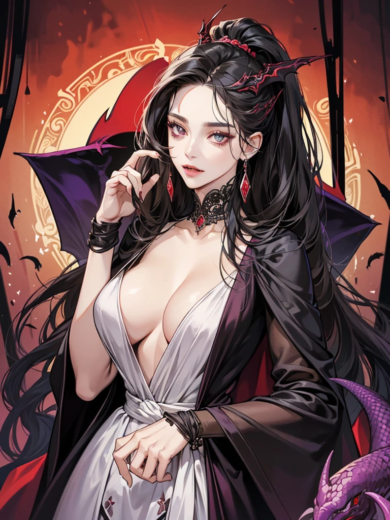 Create an image of Zeraphine, a vampire from the Damonia clan and mother of Jendral, living in the forbidden Serpent forest. Despite her devilish reputation, she should be depicted as kind-hearted with an enigmatic charm. Zeraphine has a striking and otherworldly appearance, with features that reflect her vampiric nature, such as pale, flawless skin, sharp, angular features, and glowing, piercing eyes. Her long, dark hair is wavy and could have subtle hints of crimson or violet, enhancing her devilish allure.

She wears an elaborate, dark gown or robe adorned with intricate patterns and motifs that evoke the forbidden magic of the Serpent forest. The attire should be elegant yet eerie, with flowing fabric and subtle, glowing accents that highlight her vampiric elegance. Her accessories might include delicate, vampiric jewelry or a choker that accentuates her refined yet sinister appearance.