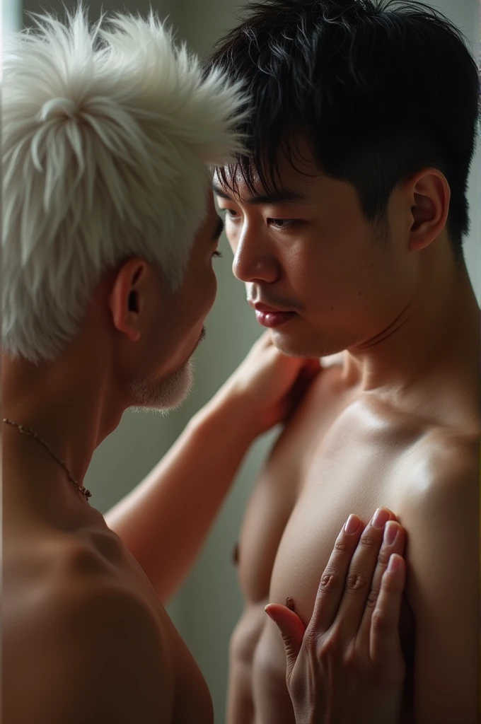 A submissive Asian man whose penis in being touched by another white haired Asian 